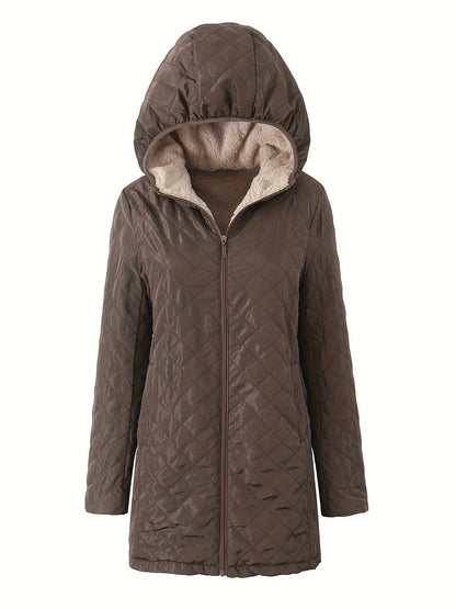Women’s Quilted Hooded Jacket – Plush Lined – Relaxed Fit – Mid-Thigh Length – Zipper Front