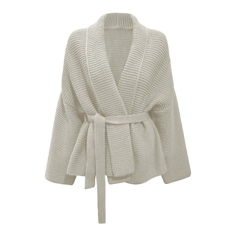 Women’s Cardigan – Chunky Knit – Oversized Fit – V-Neck – Waist Tie – Mid-Length
