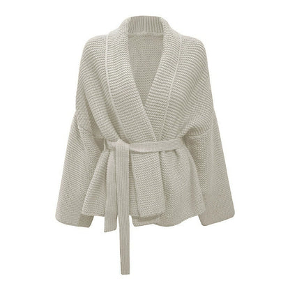 Women’s Cardigan – Chunky Knit – Oversized Fit – V-Neck – Waist Tie – Mid-Length