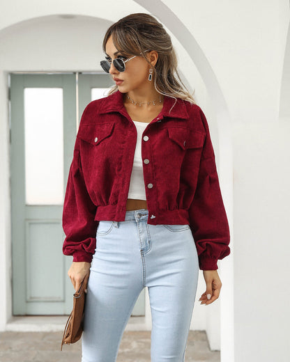 Women’s Cropped Jacket – Corduroy Texture – Lantern Sleeves – Relaxed Fit – Snap Closure