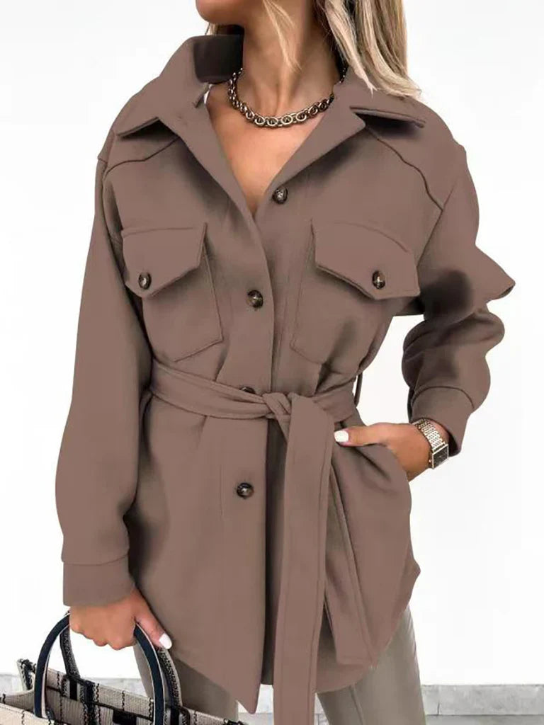 Women’s Mid-Length Jacket – Relaxed Fit – Wool Blend – Belted Waist – Patch Pockets