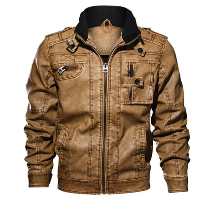 Men’s Jacket – Slim Fit – Leather-Like Fabric – Stand-Up Collar – Multi-Pocket – Epaulet Design