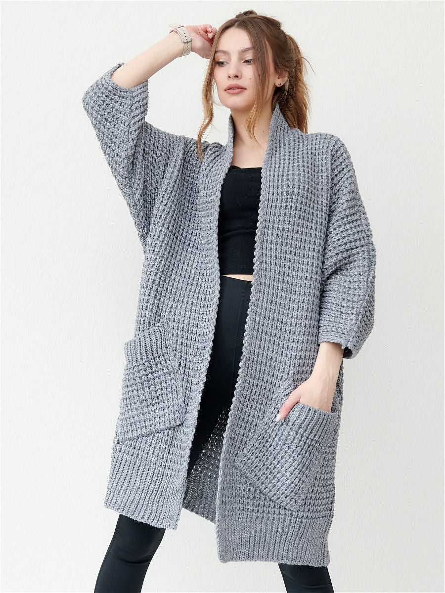 Women’s Knitted Coat – Oversized Fit – Chunky Wool Texture – Open Front – Patch Pockets
