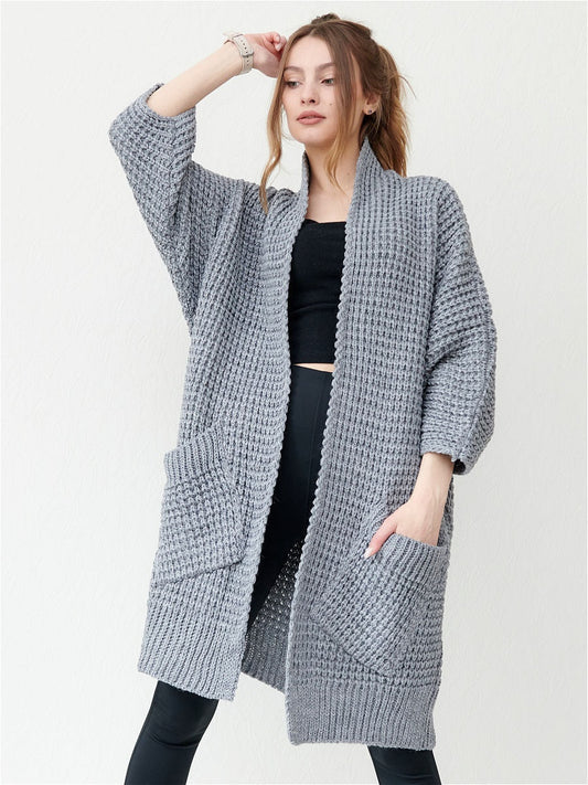 Women’s Knitted Coat – Oversized Fit – Chunky Wool Texture – Open Front – Patch Pockets