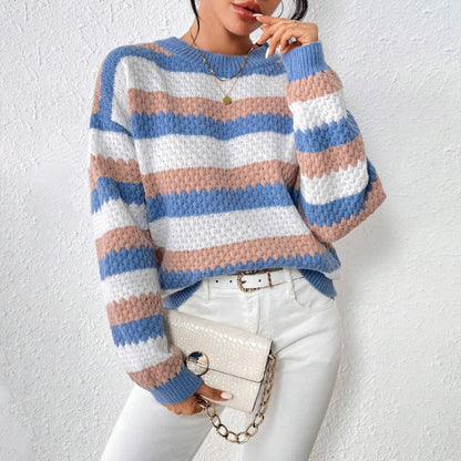Women’s Sweater – Relaxed Fit – Chunky Knit – Striped Long Sleeve Pullover