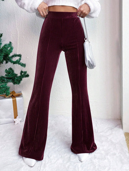 Women’s Flared Pants – High Waist Pull-On Fit – Ribbed Texture – Wide Leg Full Length