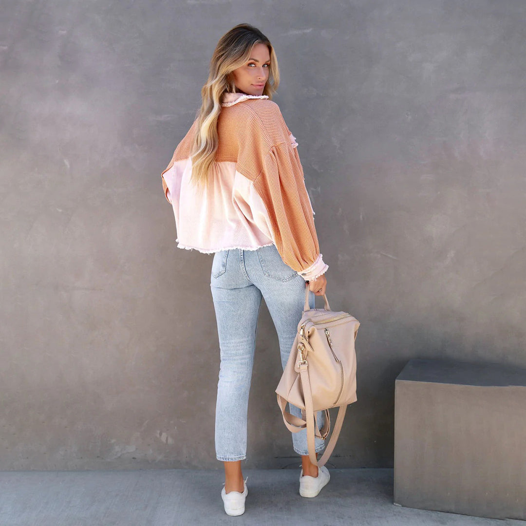 Women’s Jacket – Relaxed Fit – Waffle Knit Texture – Cropped Length – Balloon Sleeves