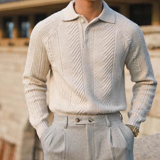 Men’s Sweater – Slim Fit – Wool Knit – Cable Pattern – Polo Collar – Long Sleeve