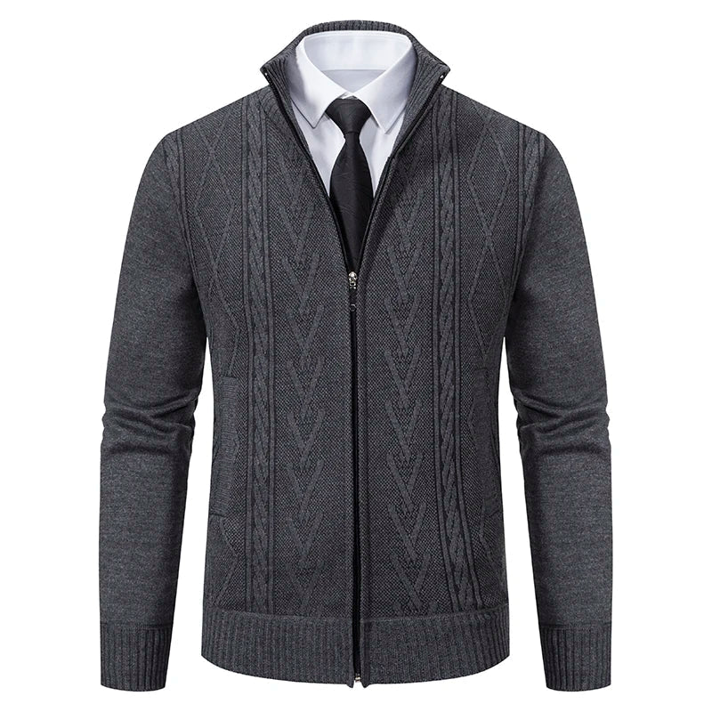 Men’s Cardigan Sweater – Slim Fit – Wool Knit – Full Zip – High Collar – Cable Pattern