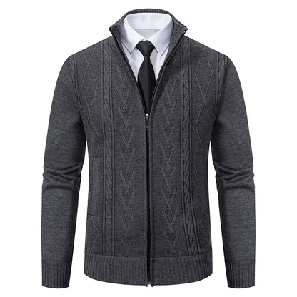 Men’s Cardigan Sweater – Slim Fit – Wool Knit – Full Zip – High Collar – Cable Pattern