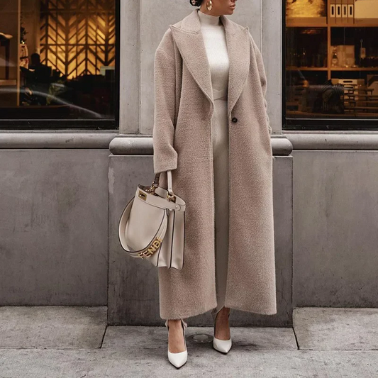 Women’s Full-Length Coat – Wool Blend – Oversized Fit – Wide Lapel Single Button