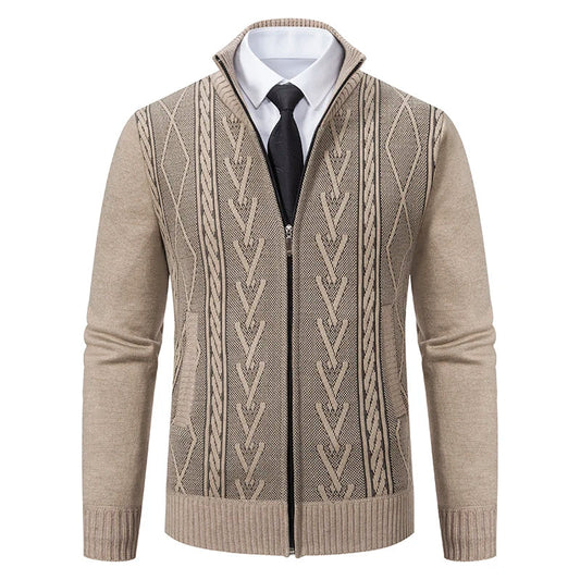 Men’s Cardigan Sweater – Slim Fit – Wool Knit – Full Zip – High Collar – Cable Pattern
