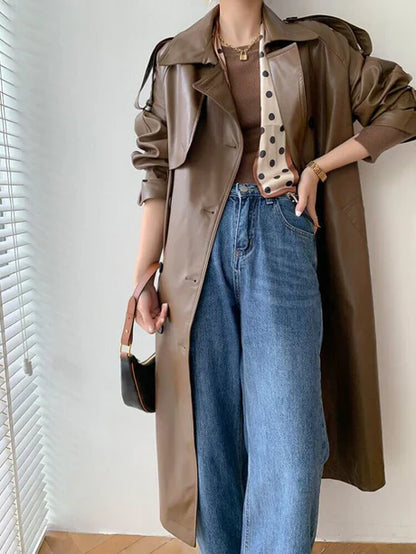 Women’s Trench Coat – Loose Fit – Double Breasted – Full Length – Notched Lapel – Epaulets