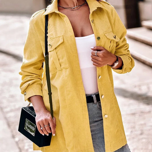 Women’s Corduroy Jacket – Oversized Fit – Shirt Collar – Button Front – 4 Pockets