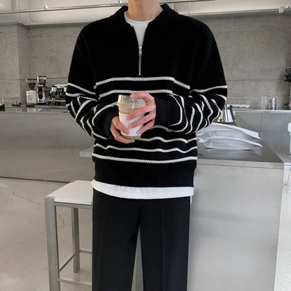 Men’s Sweater – Relaxed Fit – Wool Knit – Half Zip Polo Collar – Striped Design