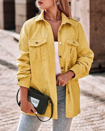 Women’s Corduroy Jacket – Oversized Fit – Shirt Collar – Button Front – 4 Pockets