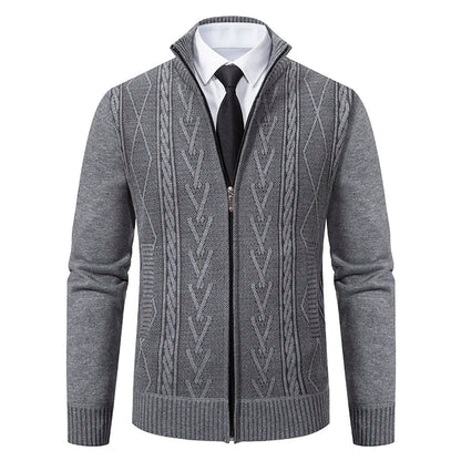 Men’s Cardigan Sweater – Slim Fit – Wool Knit – Full Zip – High Collar – Cable Pattern