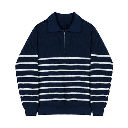 Men’s Sweater – Relaxed Fit – Wool Knit – Half Zip Polo Collar – Striped Design