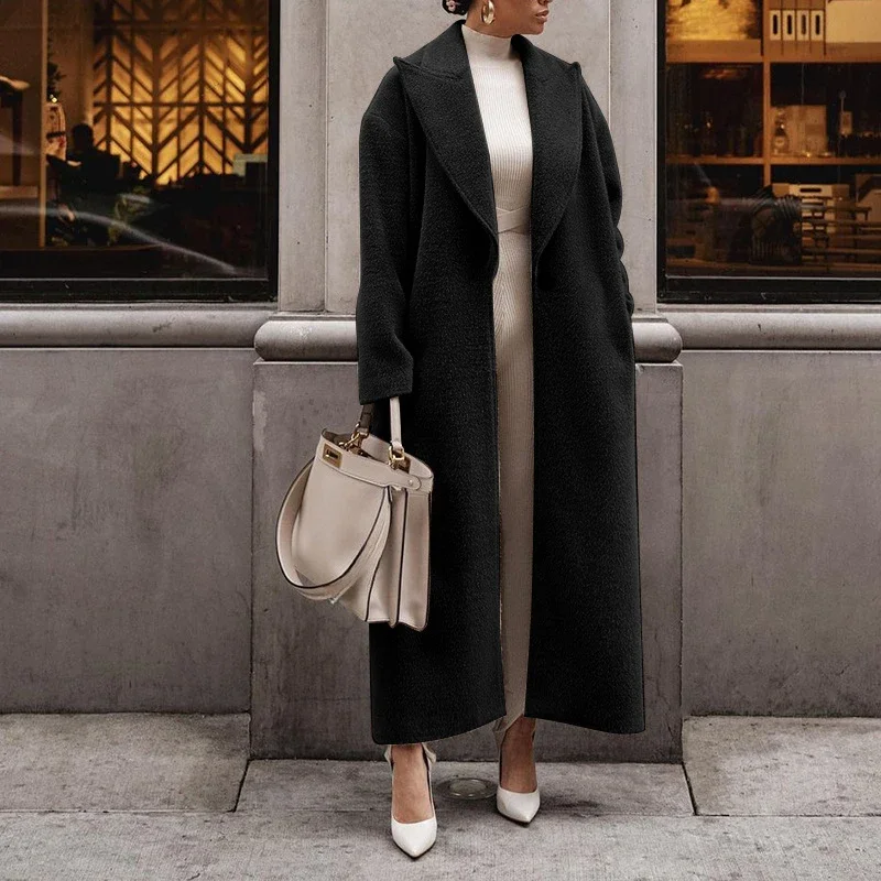 Women’s Full-Length Coat – Wool Blend – Oversized Fit – Wide Lapel Single Button