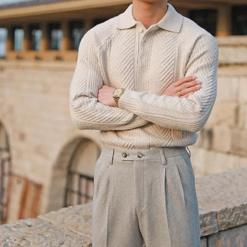 Men’s Sweater – Slim Fit – Wool Knit – Cable Pattern – Polo Collar – Long Sleeve