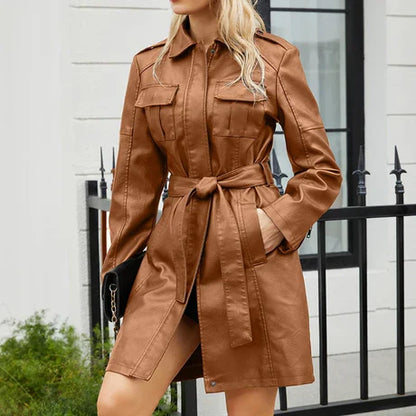Women’s Mid-Length Jacket – Structured Fit – Faux Leather Look – Button Epaulets – Flap Pockets