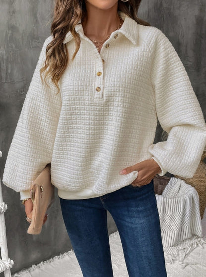 Women’s Sweatshirt – Oversized Fit – Textured Grid Knit – Half Placket – Classic Collar