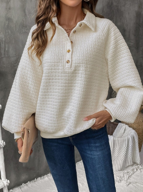 Women’s Sweatshirt – Oversized Fit – Textured Grid Knit – Half Placket – Classic Collar