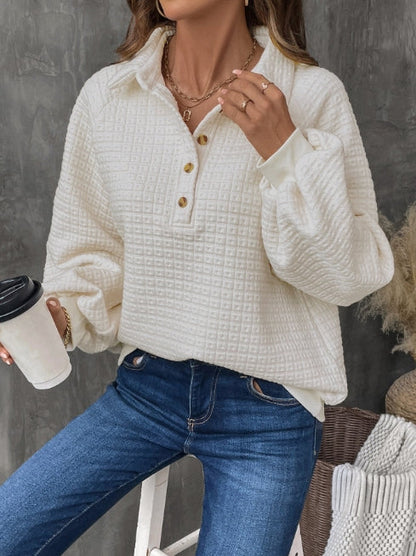 Women’s Sweatshirt – Oversized Fit – Textured Grid Knit – Half Placket – Classic Collar