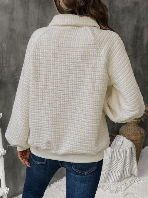 Women’s Sweatshirt – Oversized Fit – Textured Grid Knit – Half Placket – Classic Collar