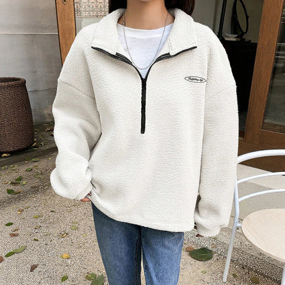 Women’s Pullover Sweatshirt – Plush Fleece – Oversized Fit – Mock Neck Half Zip