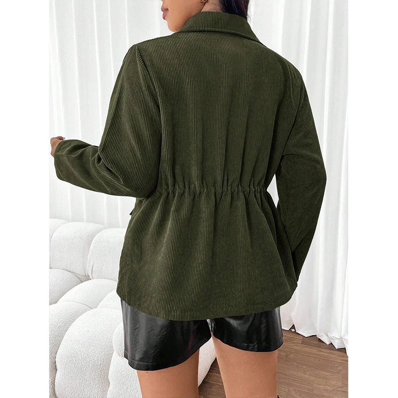 Women’s Utility Jacket – Corduroy Texture – Drawstring Waist – Multi-Pocket Design