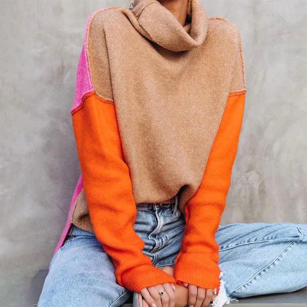 Women’s Pullover Sweatshirt – Relaxed Fit – Cowl Neck – Wool Blend – Color Block Design
