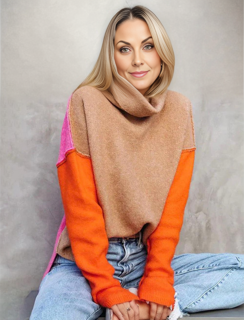 Women’s Pullover Sweatshirt – Relaxed Fit – Cowl Neck – Wool Blend – Color Block Design