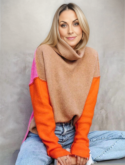 Women’s Pullover Sweatshirt – Relaxed Fit – Cowl Neck – Wool Blend – Color Block Design