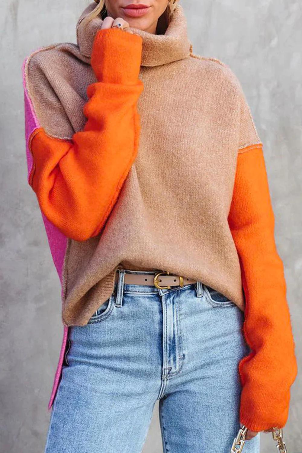 Women’s Pullover Sweatshirt – Relaxed Fit – Cowl Neck – Wool Blend – Color Block Design