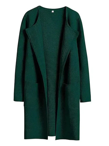 Women’s Knee-Length Coat – Wool Blend – Relaxed Fit – Open Front – Wide Lapel