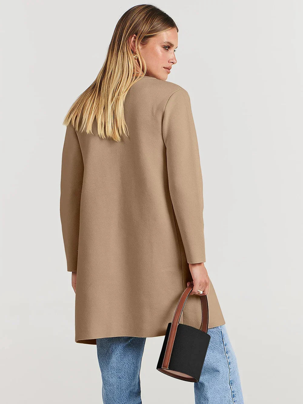 Women’s Knee-Length Coat – Wool Blend – Relaxed Fit – Open Front – Wide Lapel