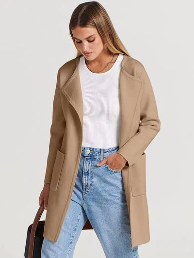 Women’s Knee-Length Coat – Wool Blend – Relaxed Fit – Open Front – Wide Lapel