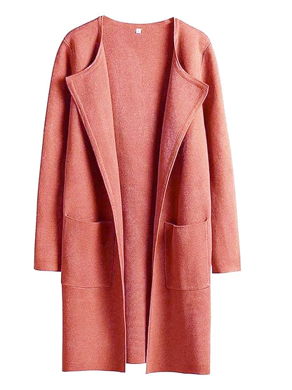 Women’s Knee-Length Coat – Wool Blend – Relaxed Fit – Open Front – Wide Lapel