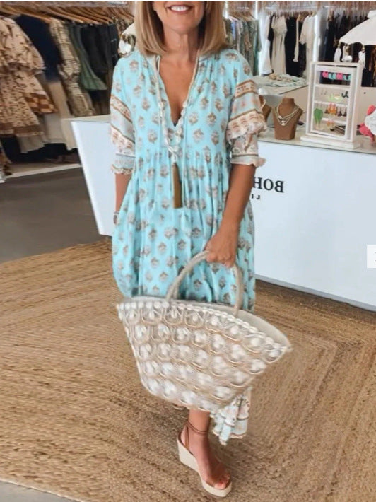 Pleated Bohemian V-Neck Dress