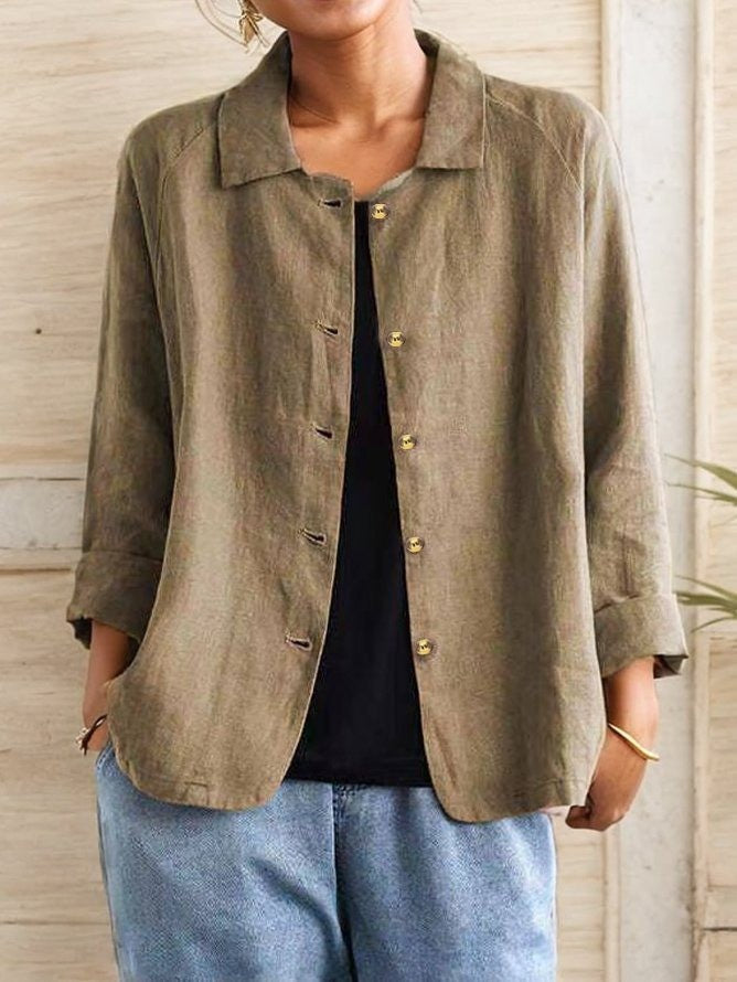 Women’s Loose Shirt – Shawl Collar – Button Front – 3/4 Sleeve – Cotton Blend Casual