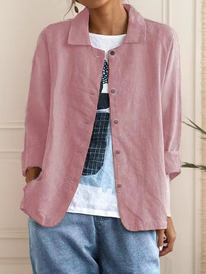 Women’s Loose Shirt – Shawl Collar – Button Front – 3/4 Sleeve – Cotton Blend Casual