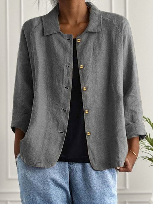 Women’s Loose Shirt – Shawl Collar – Button Front – 3/4 Sleeve – Cotton Blend Casual