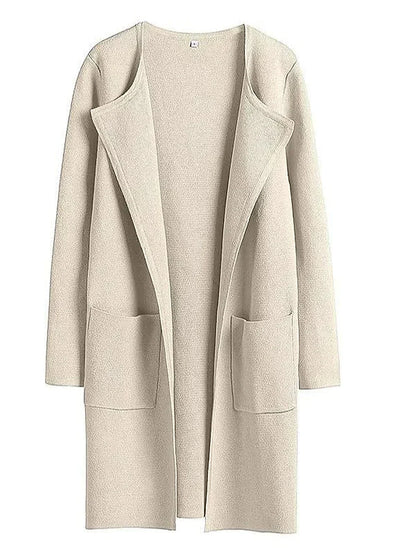 Women’s Knee-Length Coat – Wool Blend – Relaxed Fit – Open Front – Wide Lapel