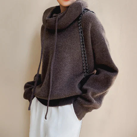 Women’s Pullover Sweater – Relaxed Fit – Cowl Neck with Drawstrings – Ribbed Trim