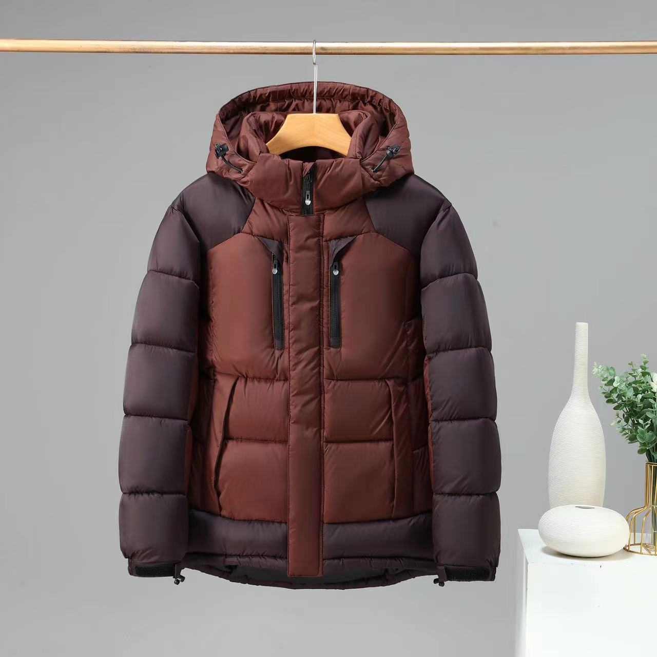 Men’s Padded Jacket – Water-Resistant Insulated – Detachable Hood – Zipper Pockets – Hip Length