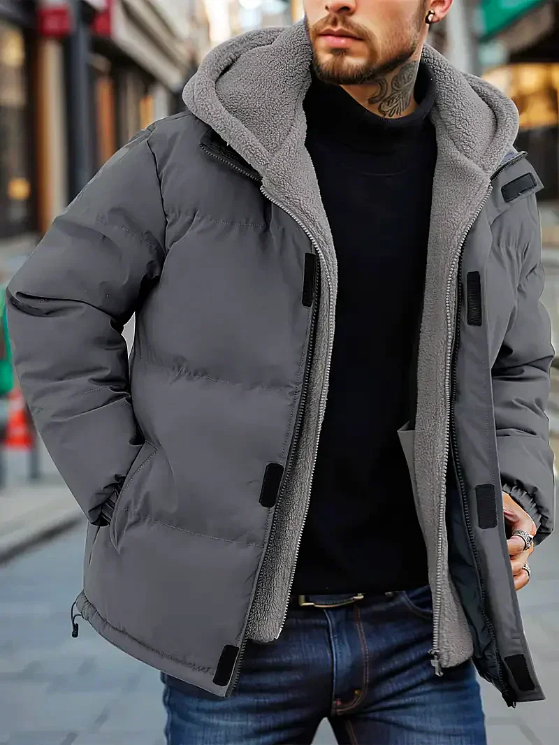 Men’s Puffer Jacket – Regular Fit – Quilted Insulated – Fleece Hood – Adjustable Hem