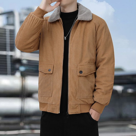 Men’s Bomber Jacket – Relaxed Fit – Corduroy Fabric – Sherpa Collar – Ribbed Trim