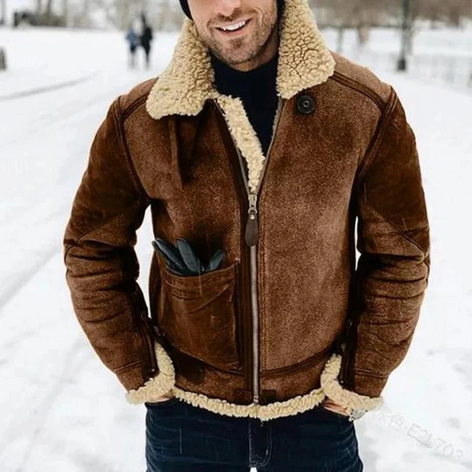 Men’s Bomber Jacket – Structured Fit – Shearling Collar & Cuffs – Suede Look – Zip Closure