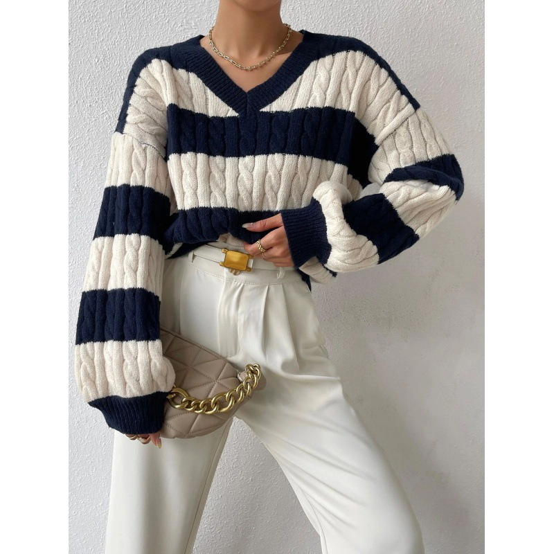 Women’s Sweatshirt – Oversized Relaxed Fit – V-Neck Cable Knit – Striped Long Sleeve